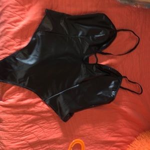 Plus Size Black Leather Body Suit 1x